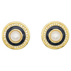 Christian Dior Vintage Large Circle Crystal Navy Blue White Pearl Clip Earrings