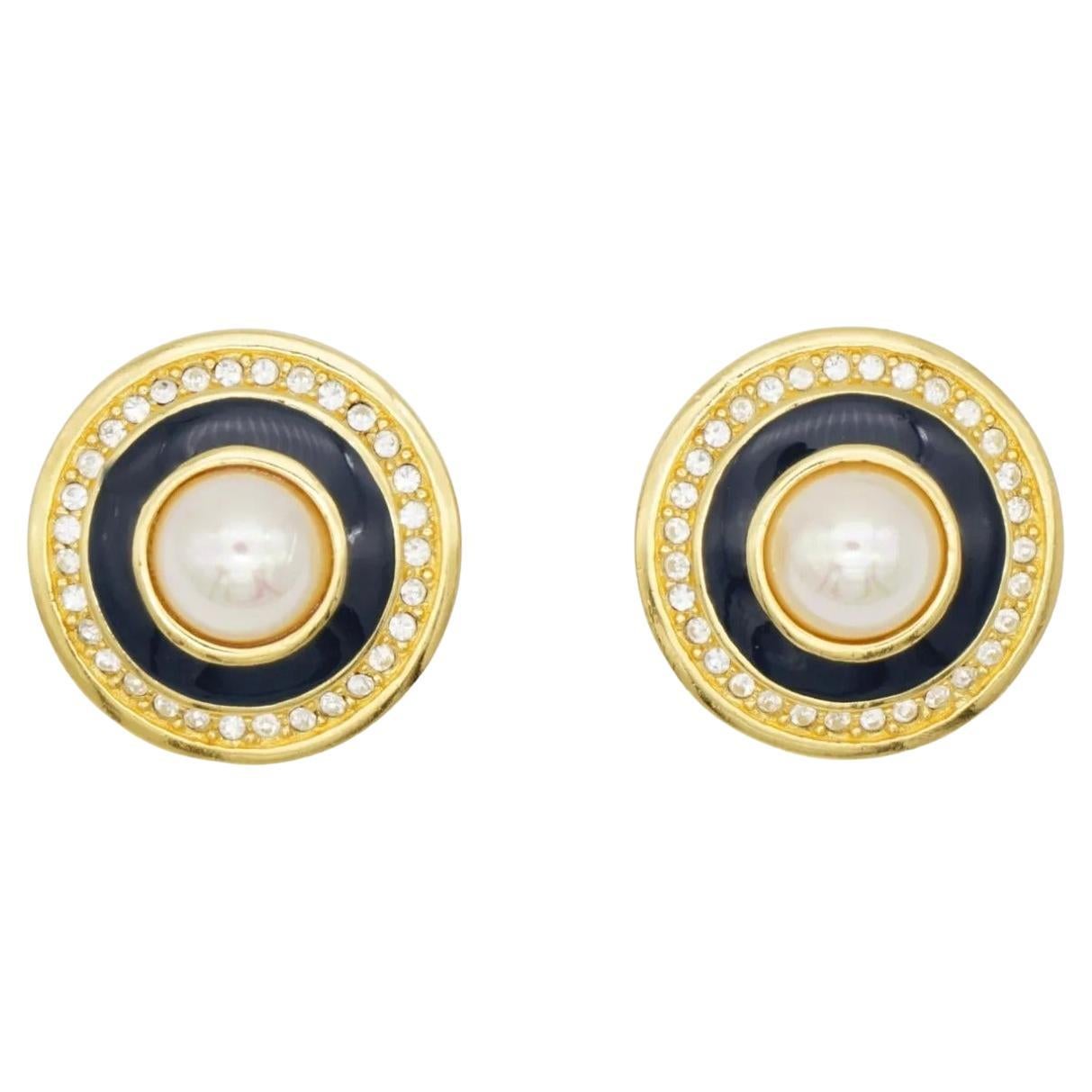 Christian Dior Vintage Large Circle Crystal Navy Blue White Pearl Clip Earrings For Sale