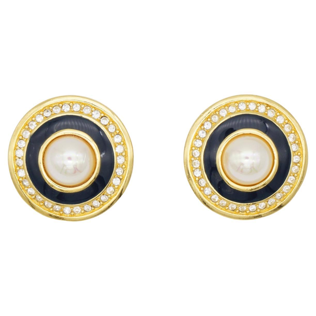 Christian Dior Vintage Große Kreis-Kristall-Ohrclips in Marineblau-Weiß-Perlen