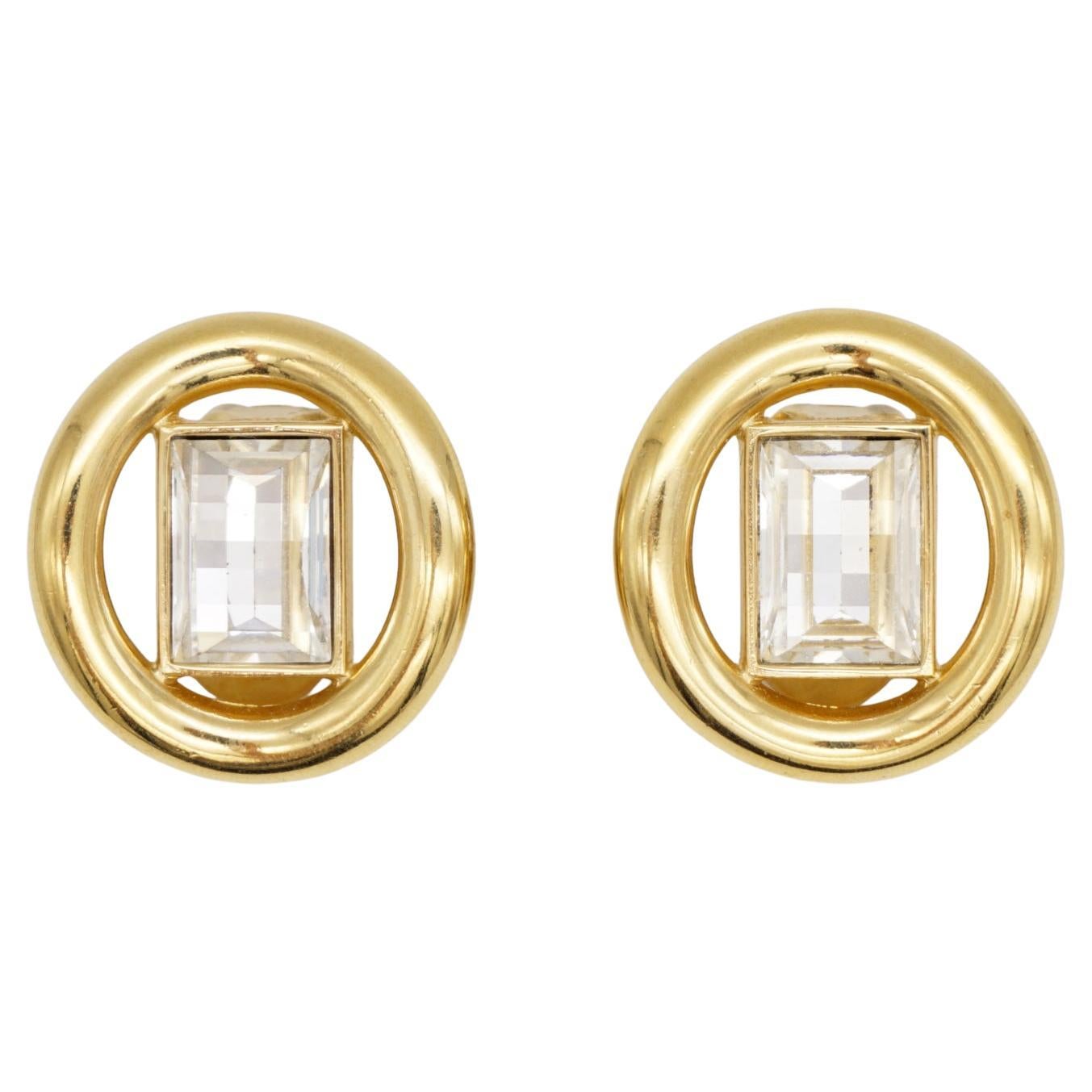 Christian Dior Vintage Large Circle Rectangle Sparkling Crystal Clip Earrings