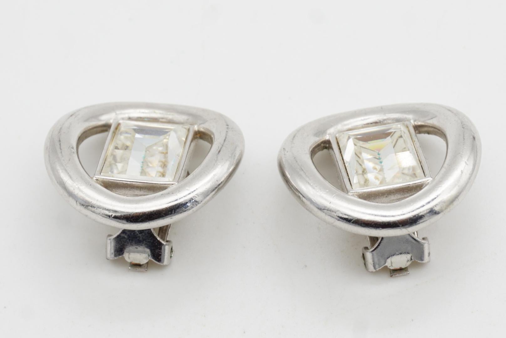 Christian Dior Vintage Gran Círculo Rectángulo Cristal Centelleante Pendientes de Plata en venta 5