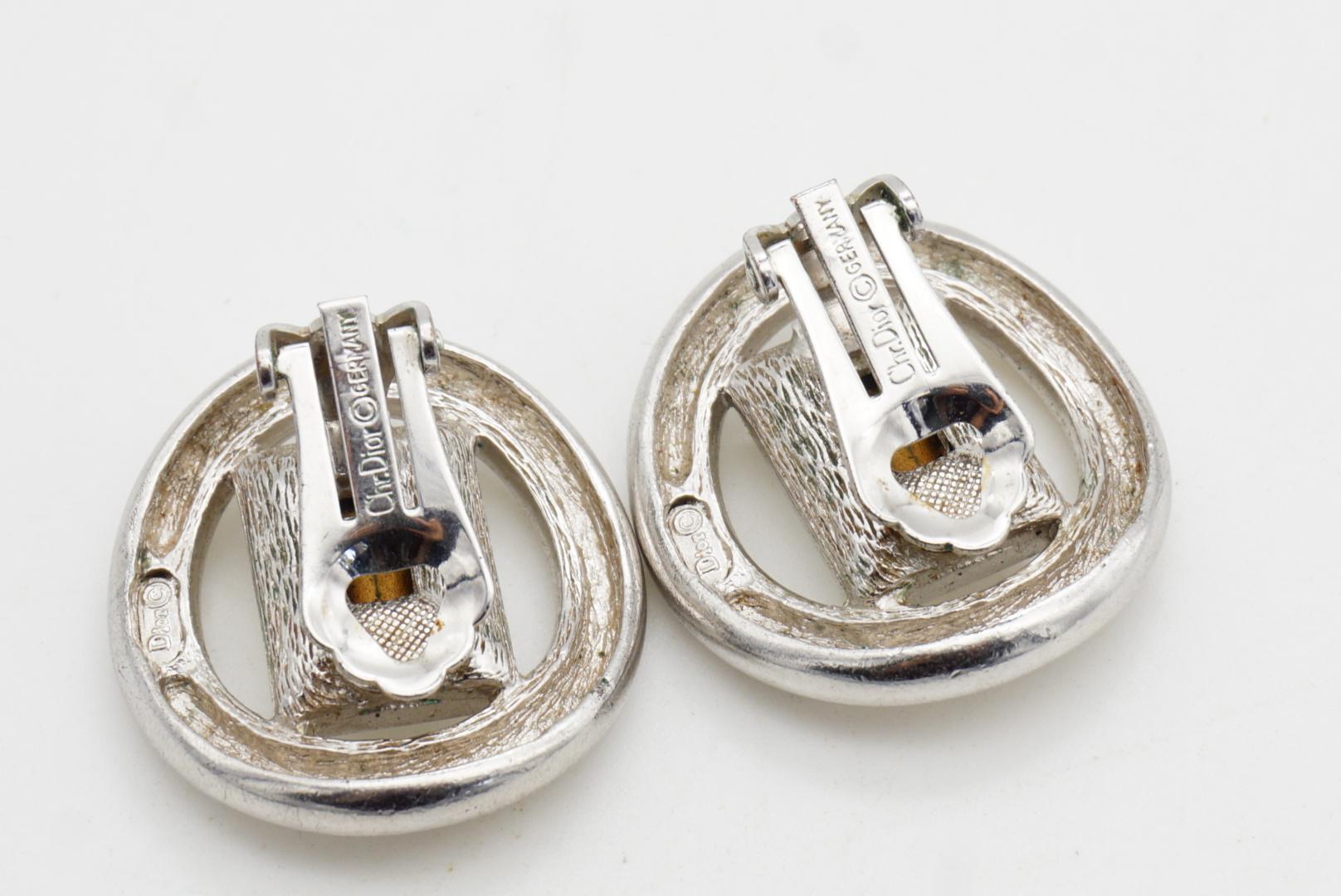 Christian Dior Vintage Gran Círculo Rectángulo Cristal Centelleante Pendientes de Plata en venta 6