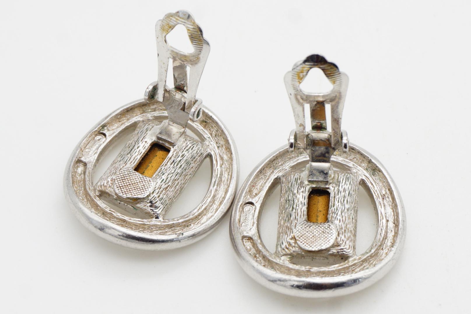 Christian Dior Vintage Gran Círculo Rectángulo Cristal Centelleante Pendientes de Plata en venta 8