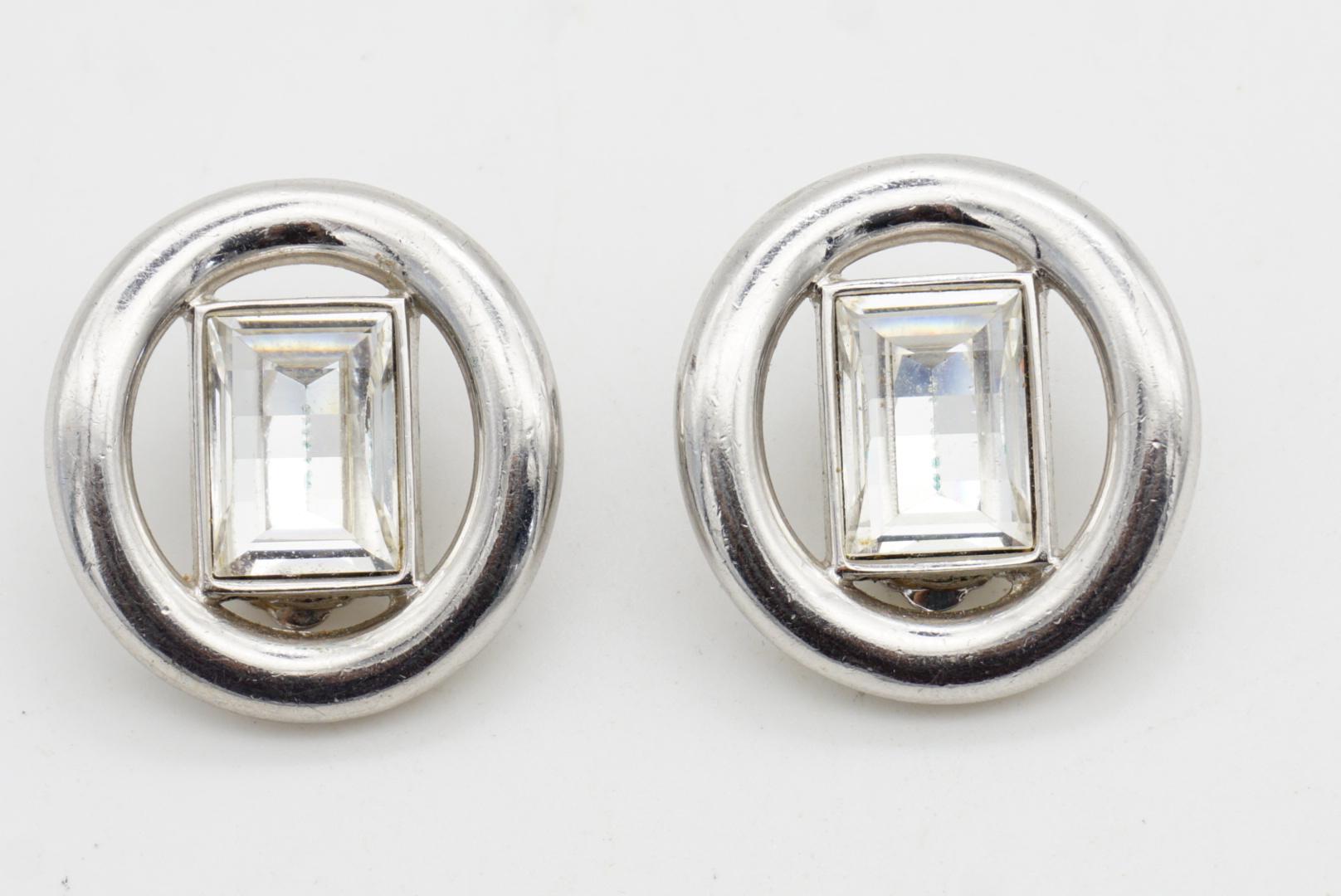 Christian Dior Vintage Gran Círculo Rectángulo Cristal Centelleante Pendientes de Plata en venta 3
