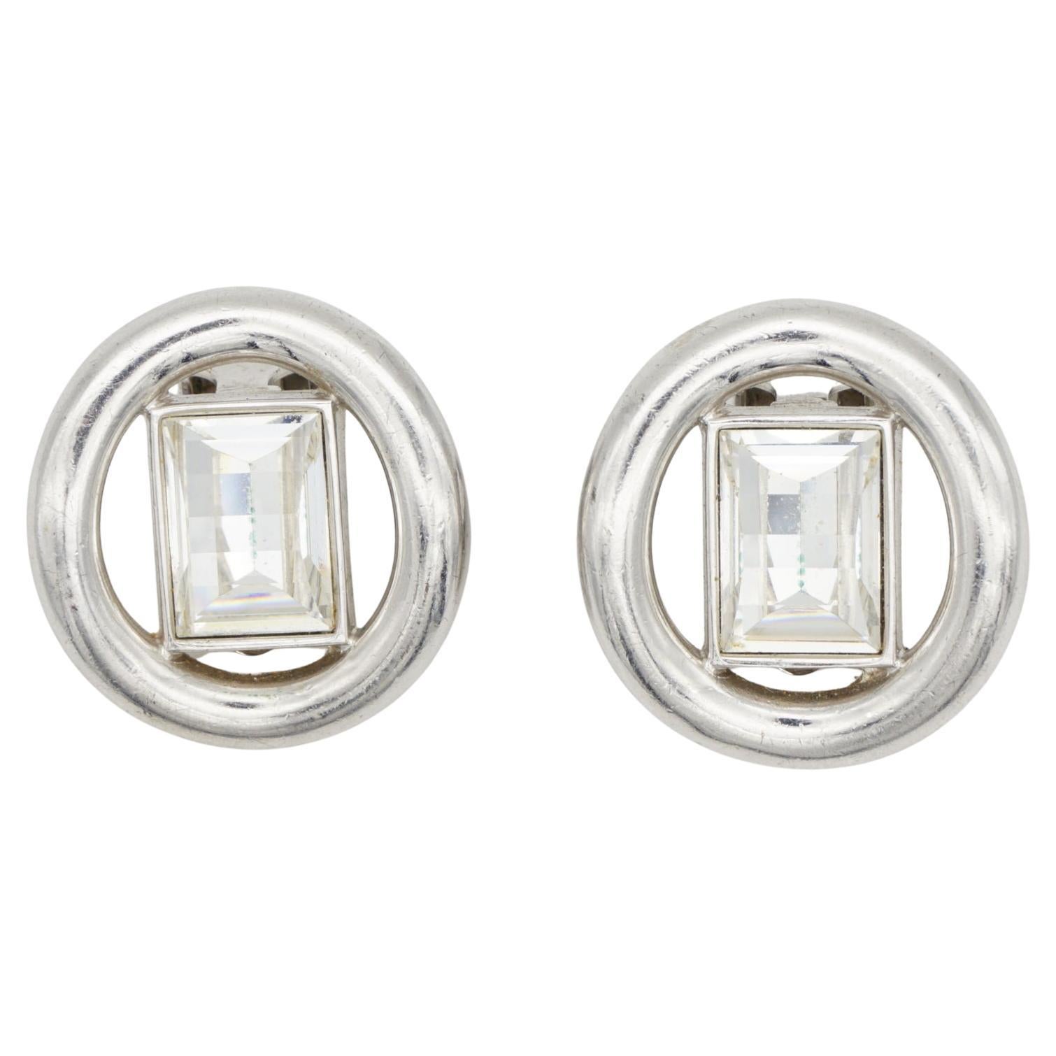 Christian Dior Vintage Gran Círculo Rectángulo Cristal Centelleante Pendientes de Plata