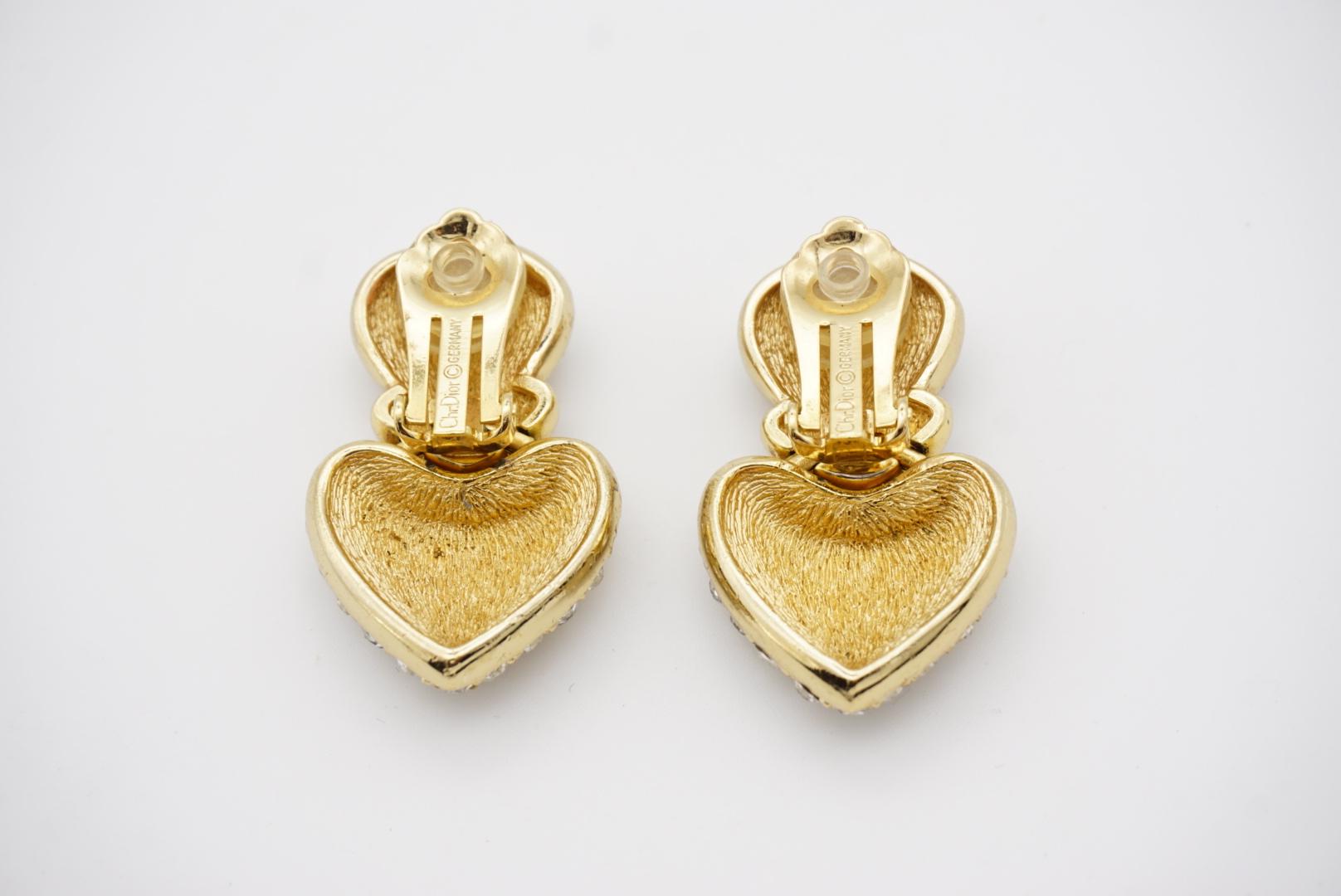 Christian Dior Vintage Large Double Heart Crystals Drop Gold Clip On Earrings  For Sale 2