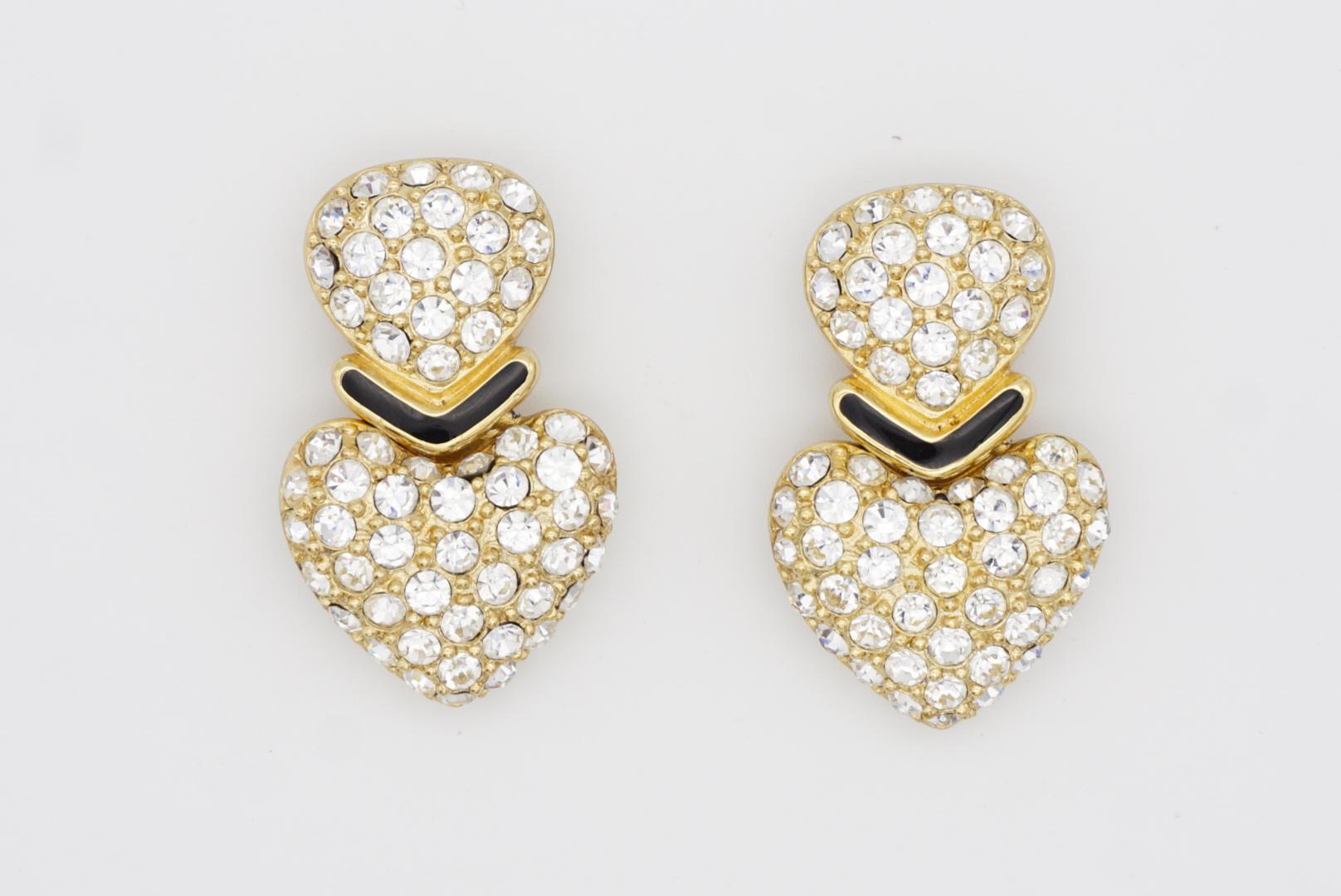 Christian Dior Clips d'oreilles vintage à double cœur en or avec cristaux  en vente 1