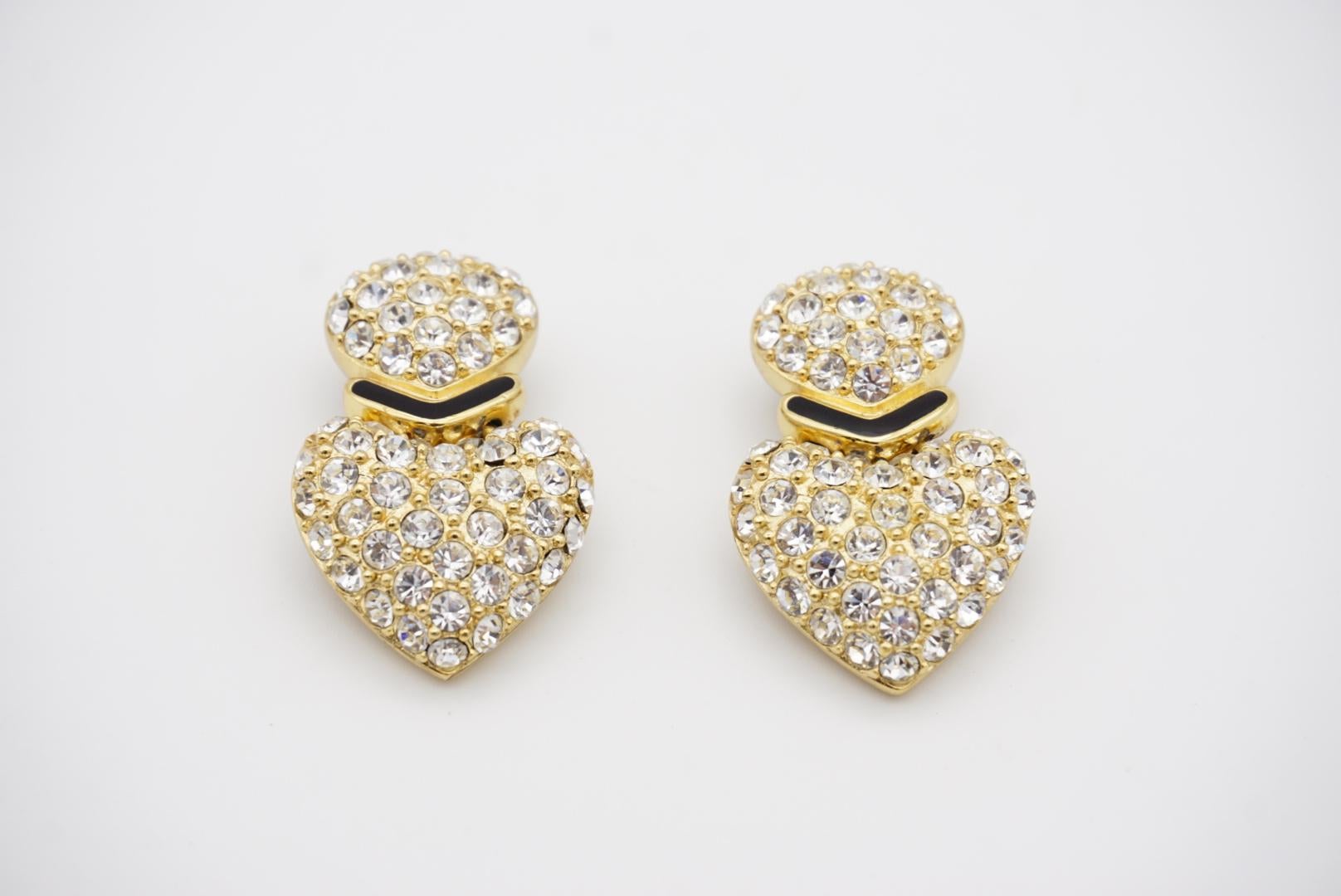 Christian Dior Clips d'oreilles vintage à double cœur en or avec cristaux  en vente 3