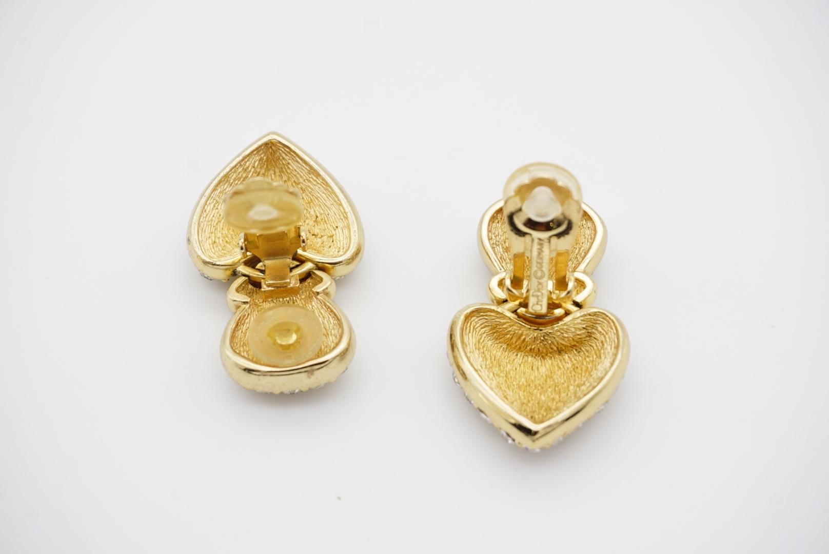 Christian Dior Vintage Large Double Heart Crystals Drop Gold Clip On Earrings  For Sale 1