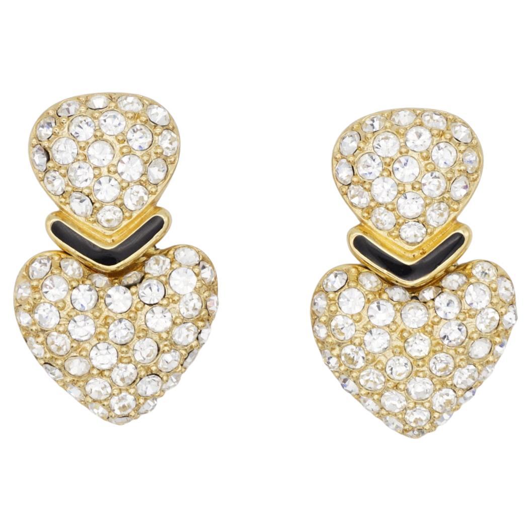 Christian Dior Vintage Große Doppelherz-Kristalle Tropfen-Ohrclips aus Gold 