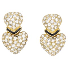 Christian Dior Clips d'oreilles vintage à double cœur en or avec cristaux 