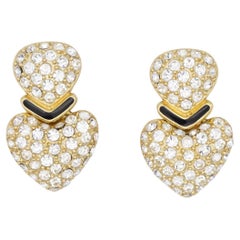 Christian Dior Vintage Large Double Heart Love Whole Crystal Drop Clip Earrings
