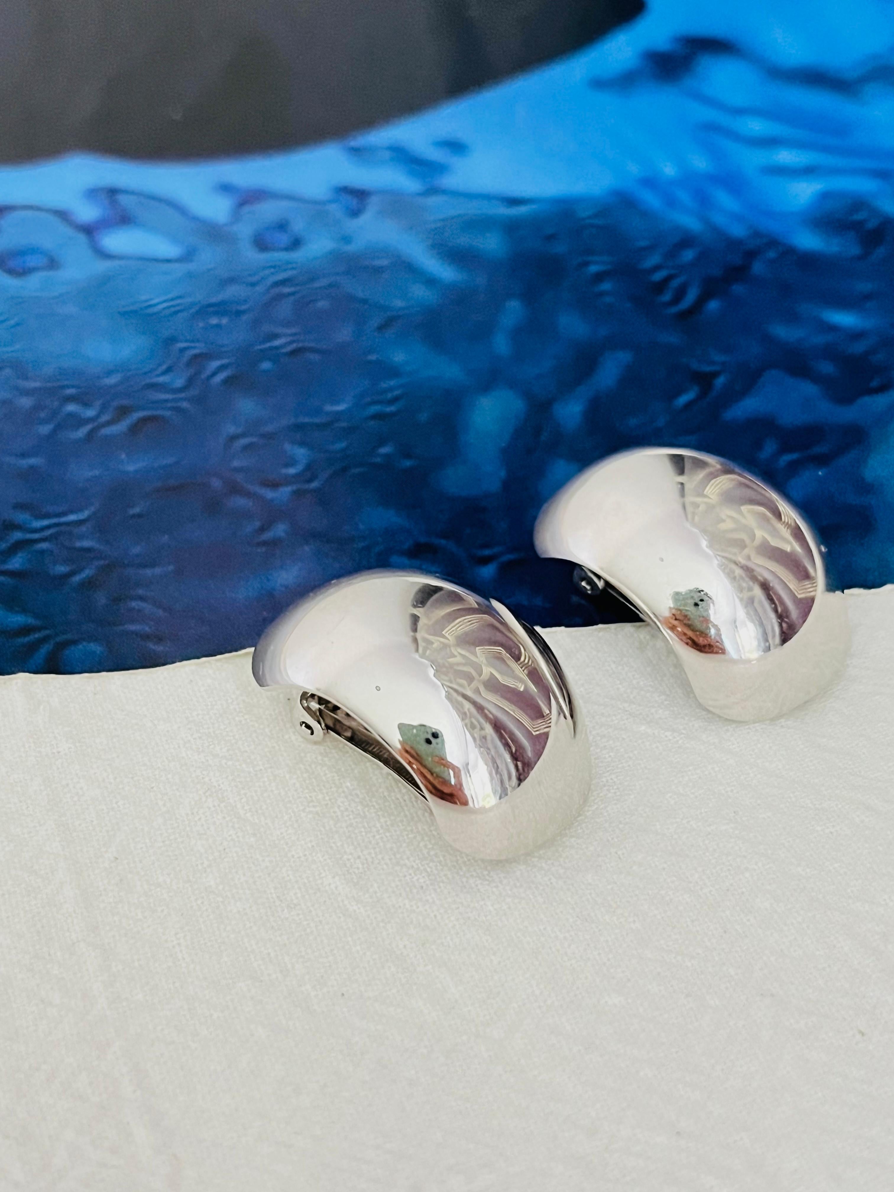 Women's or Men's Christian Dior Vintage Large Glow Semi Circle Demi Dome Silver Hoop Earrings For Sale