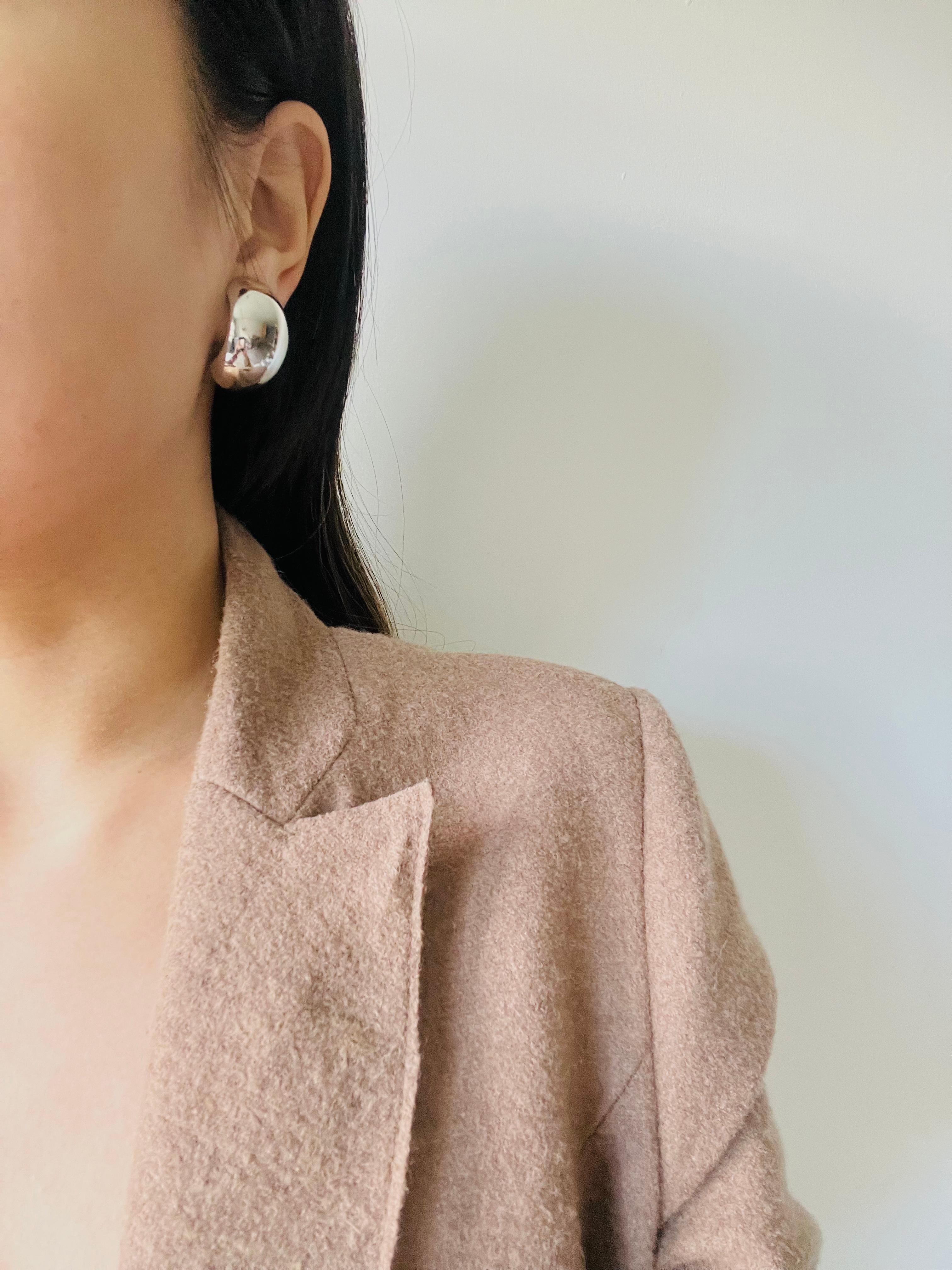Christian Dior Vintage Large Glow Semi Circle Demi Dome Silver Hoop Earrings For Sale 1