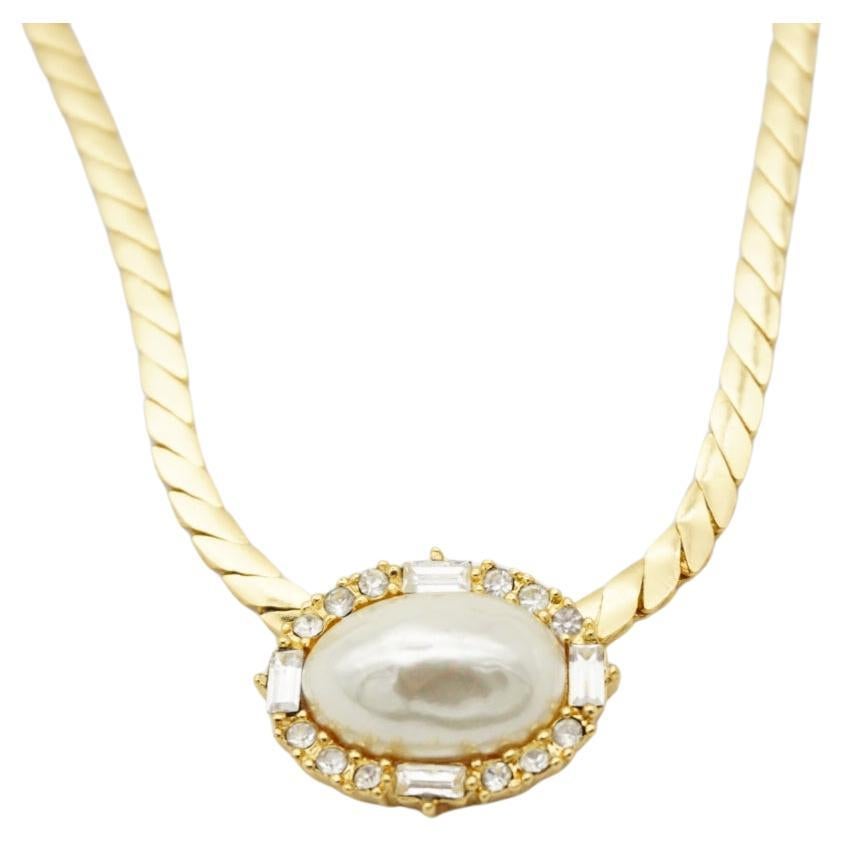 Christian Dior Vintage Large Gold Crystals White Oval Pearl Elegant Necklace
