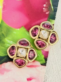 Christian Dior Vintage Large Gold Lucky Clover Amethyst Crystal Flower Earrings