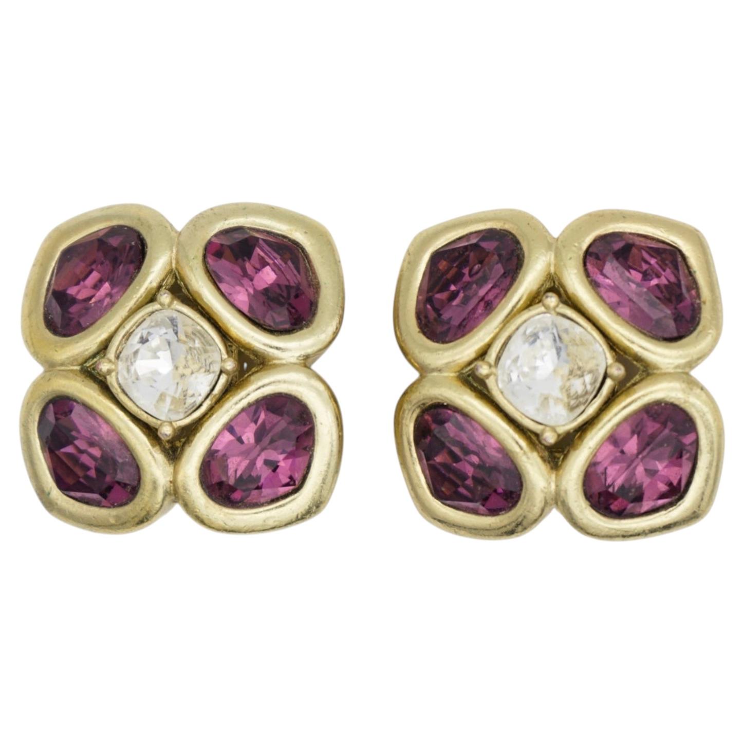 Christian Dior Vintage Large Gold Lucky Clover Amethyst Crystal Flower Earrings