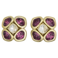 Christian Dior Vintage Large Gold Lucky Clover Amethyst Crystal Flower Earrings