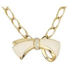 Christian Dior Vintage Large Gold White Knot Bow Crystals Omega Link Necklace