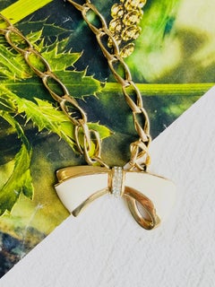 Christian Dior Vintage Large Gold White Knot Bow Crystals Omega Link Necklace