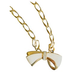Christian Dior Vintage Large Gold White Knot Bow Crystals Omega Link Necklace
