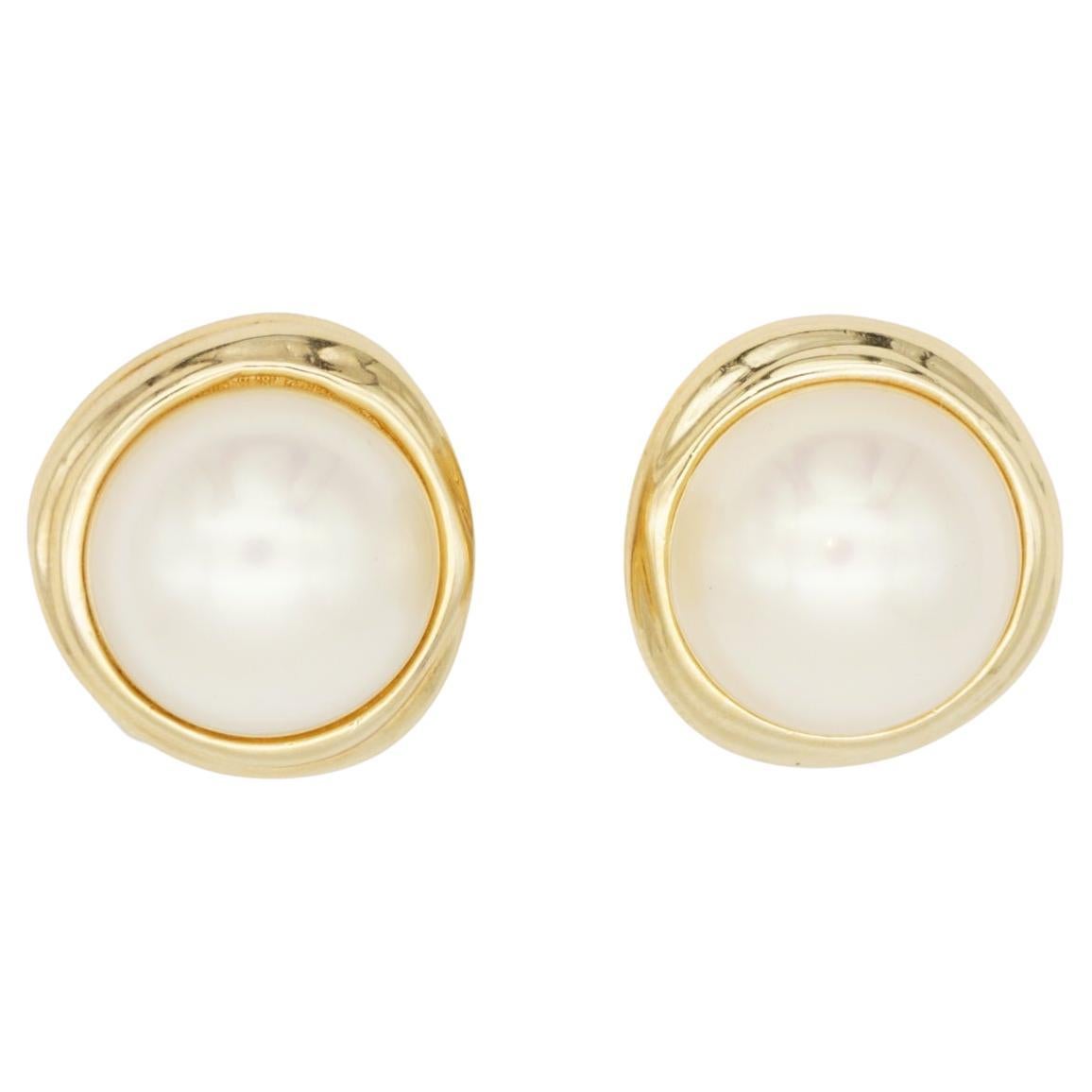 Christian Dior Vintage Large Gold White Pearl Abnormal Circle Round Earrings