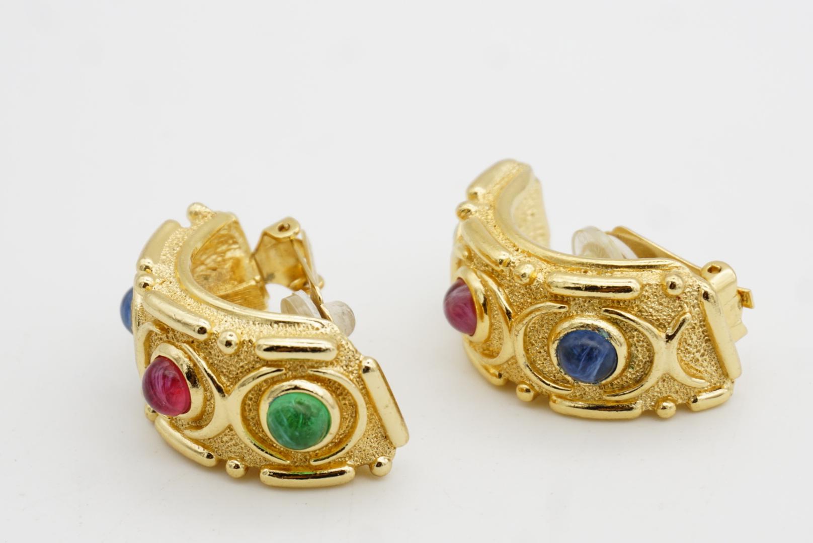 Christian Dior Vintage Large Gripoix Emerald Ruby Sapphire Hoop Domed Earrings For Sale 5