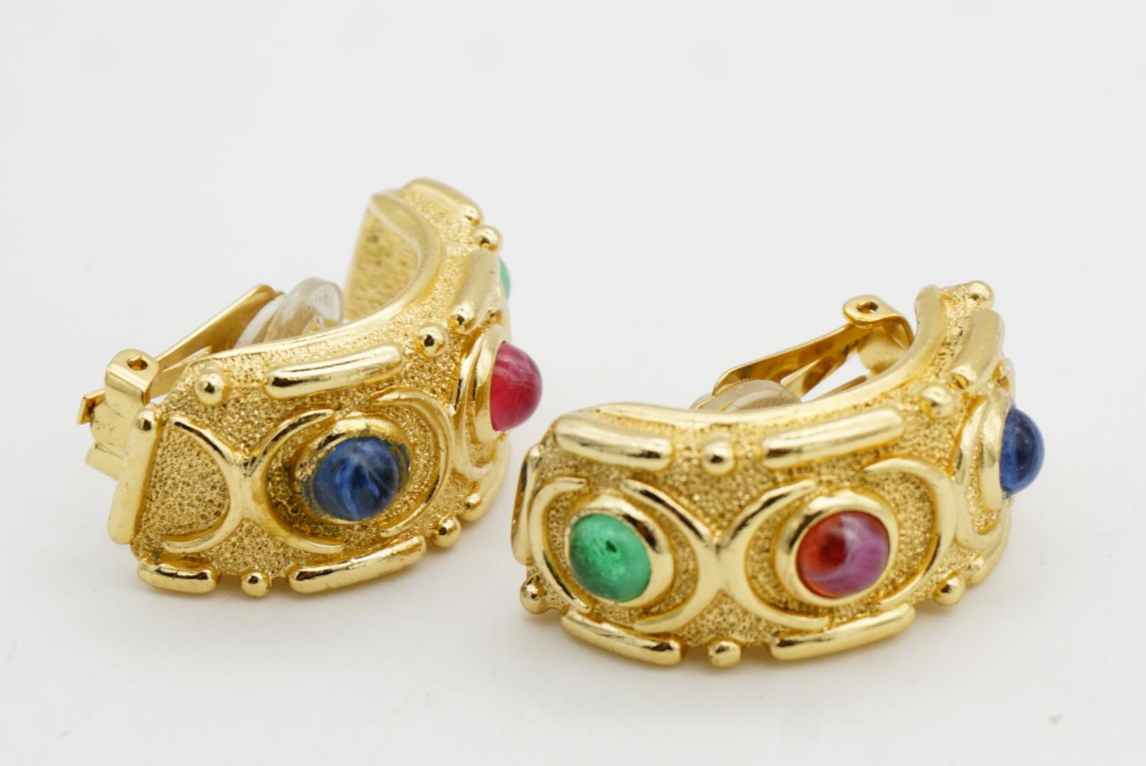 Christian Dior Vintage Large Gripoix Emerald Ruby Sapphire Hoop Domed Earrings For Sale 6