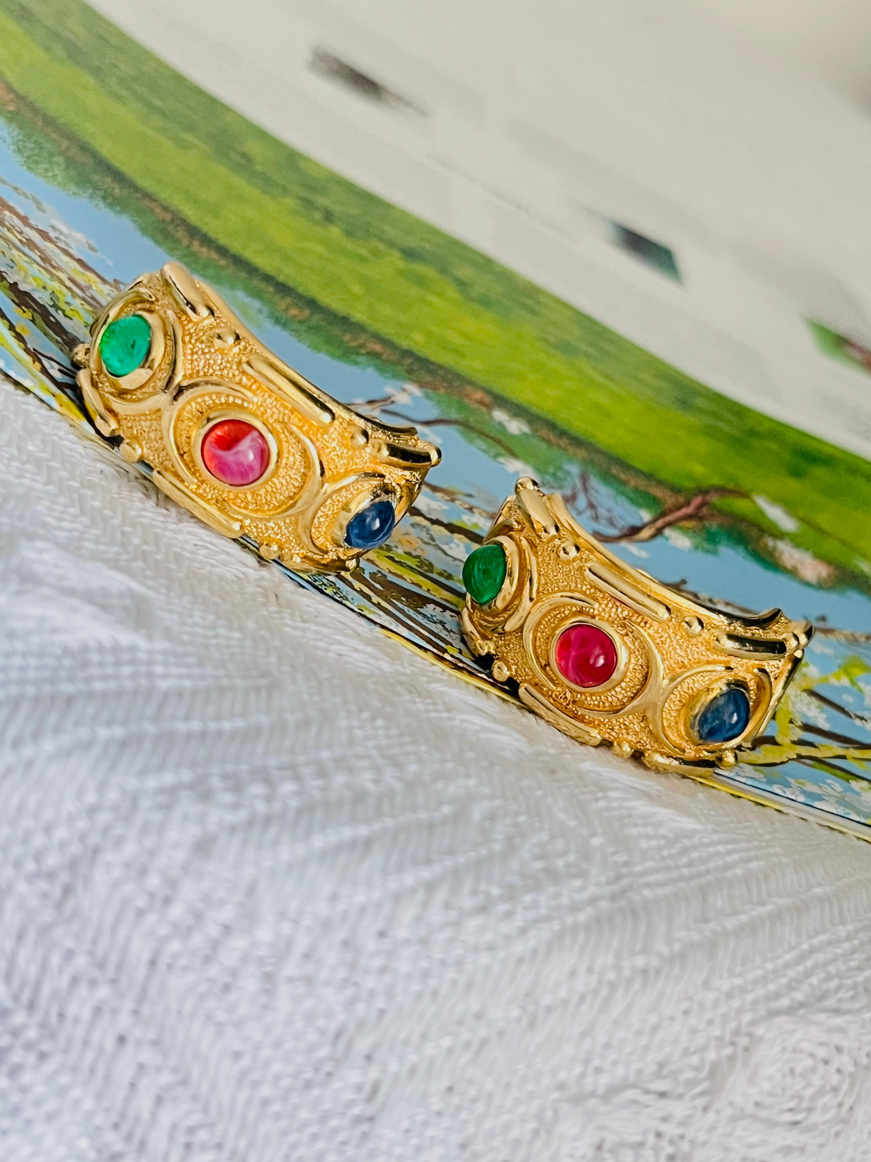 Art Nouveau Christian Dior Vintage Large Gripoix Emerald Ruby Sapphire Hoop Domed Earrings For Sale