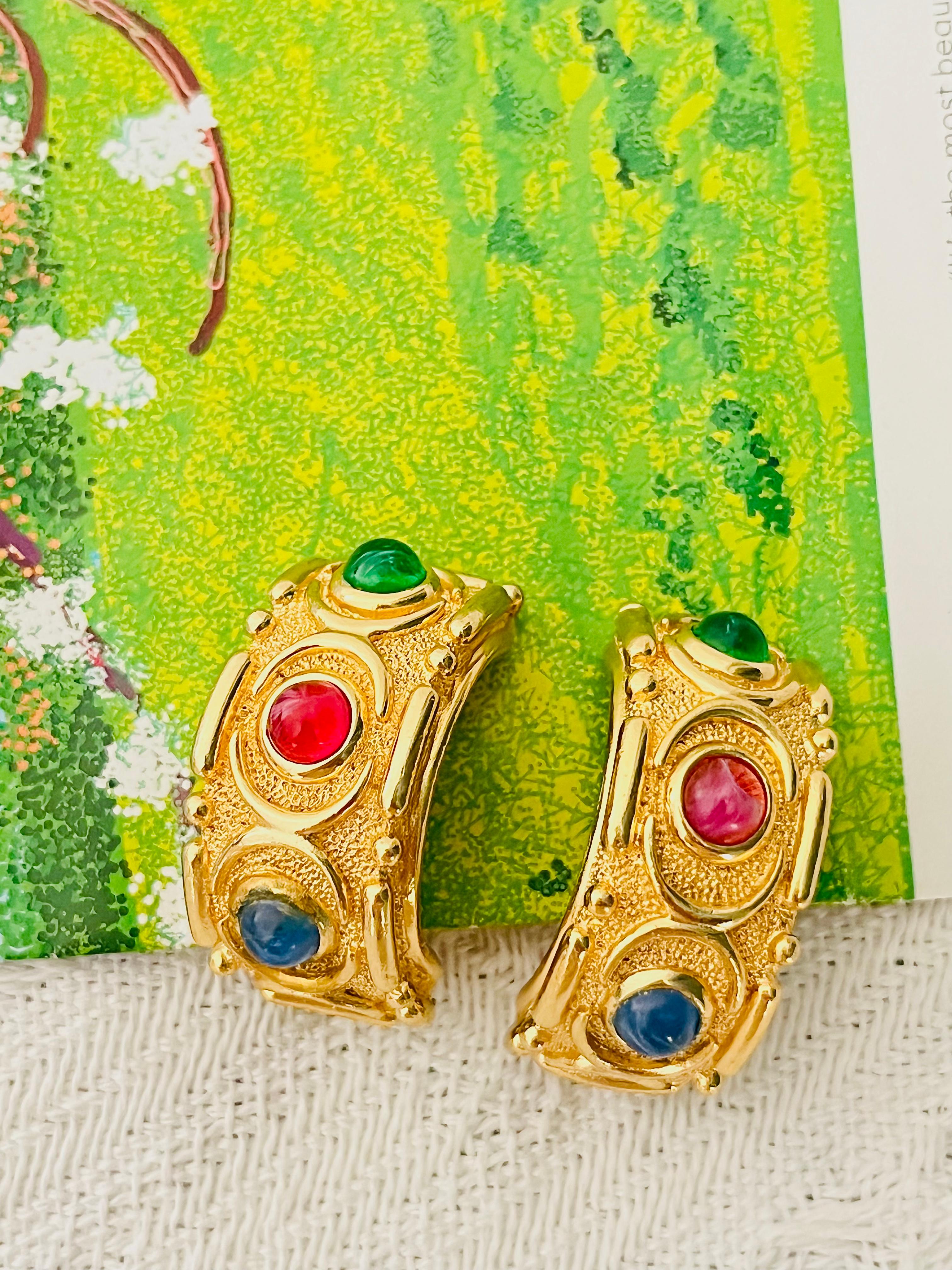 Christian Dior Vintage Large Gripoix Emerald Ruby Sapphire Hoop Domed Earrings In Good Condition For Sale In Wokingham, England