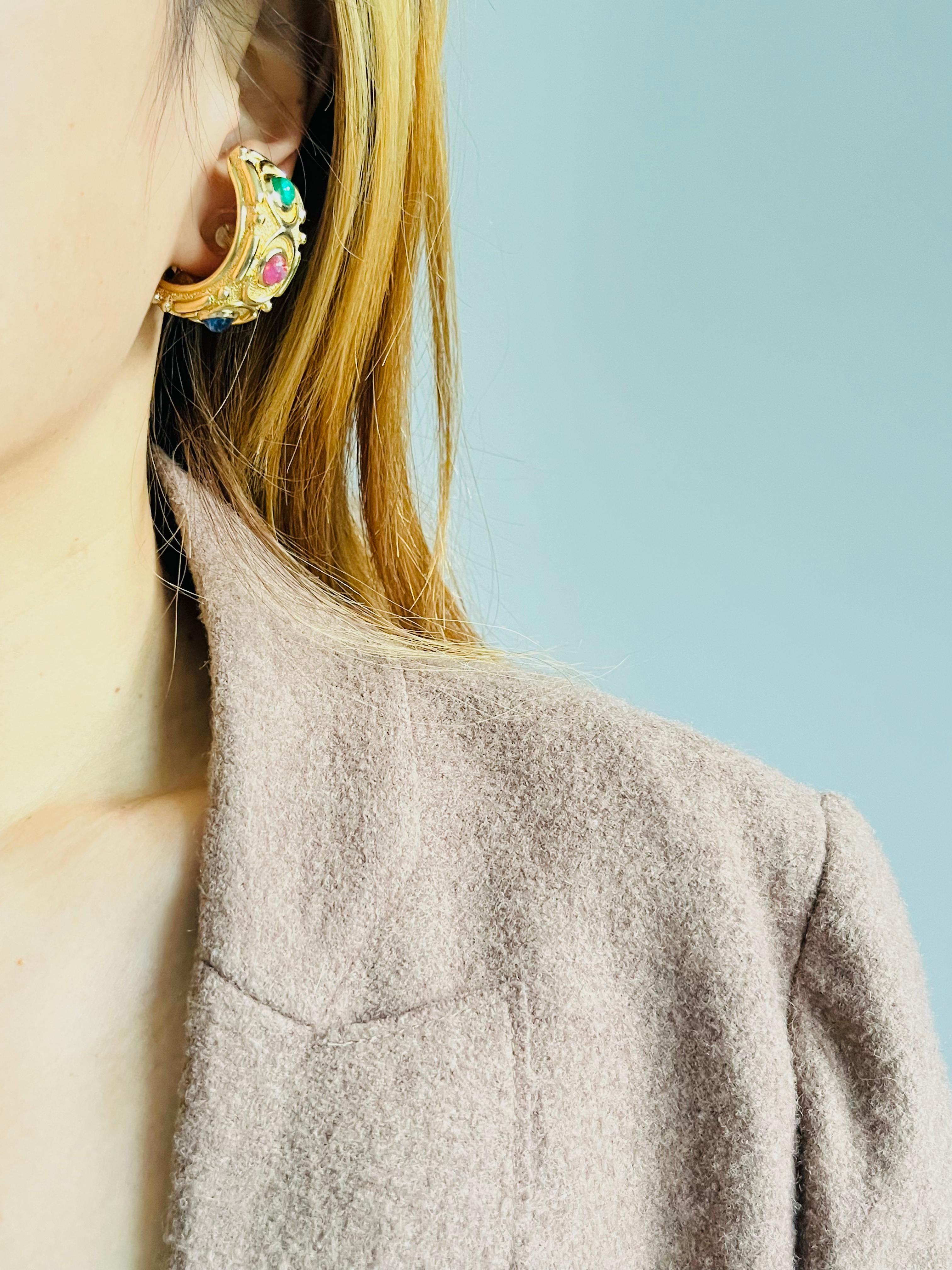 Women's or Men's Christian Dior Vintage Large Gripoix Emerald Ruby Sapphire Hoop Domed Earrings For Sale