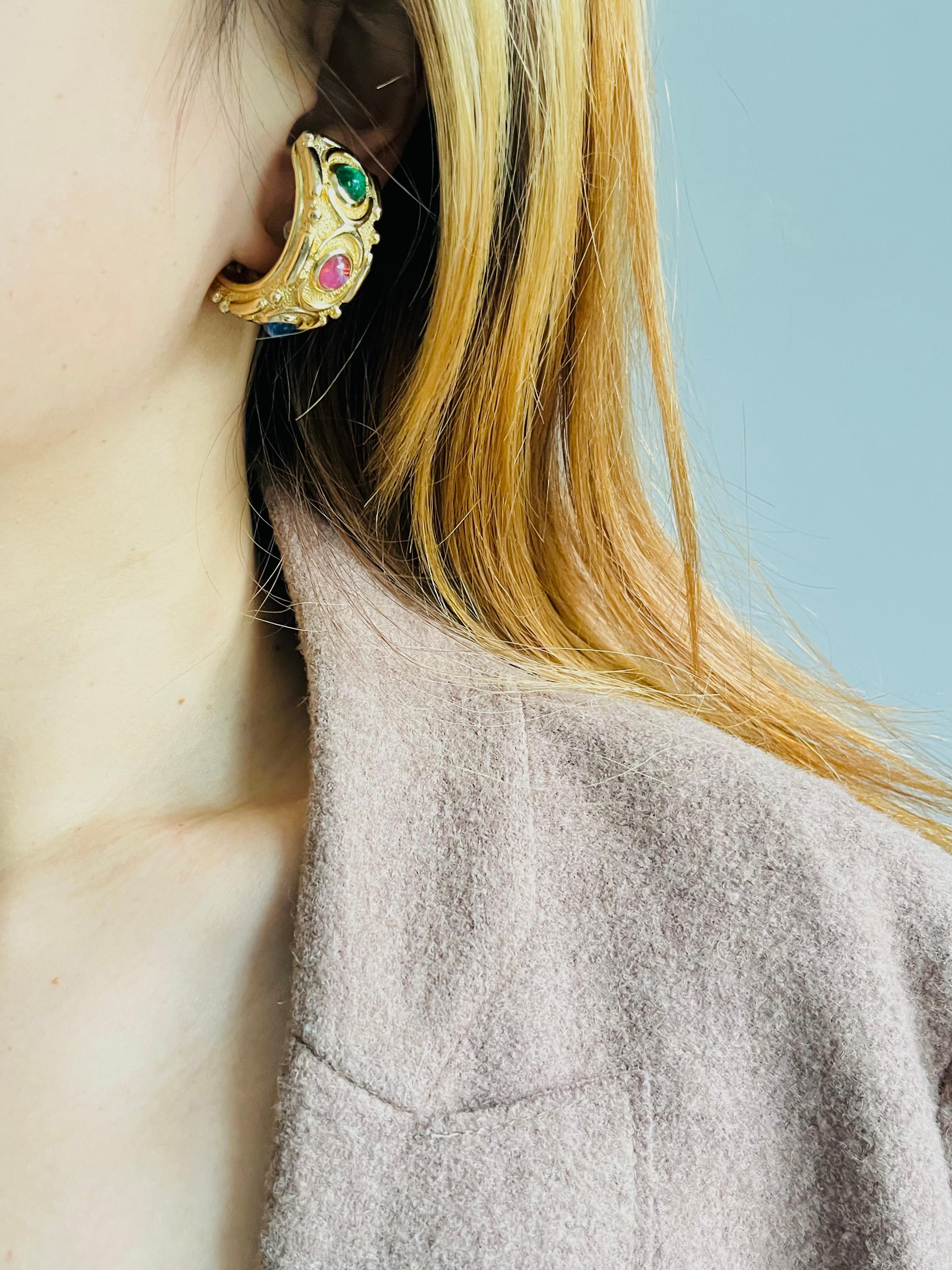 Christian Dior Vintage Large Gripoix Emerald Ruby Sapphire Hoop Domed Earrings For Sale 1