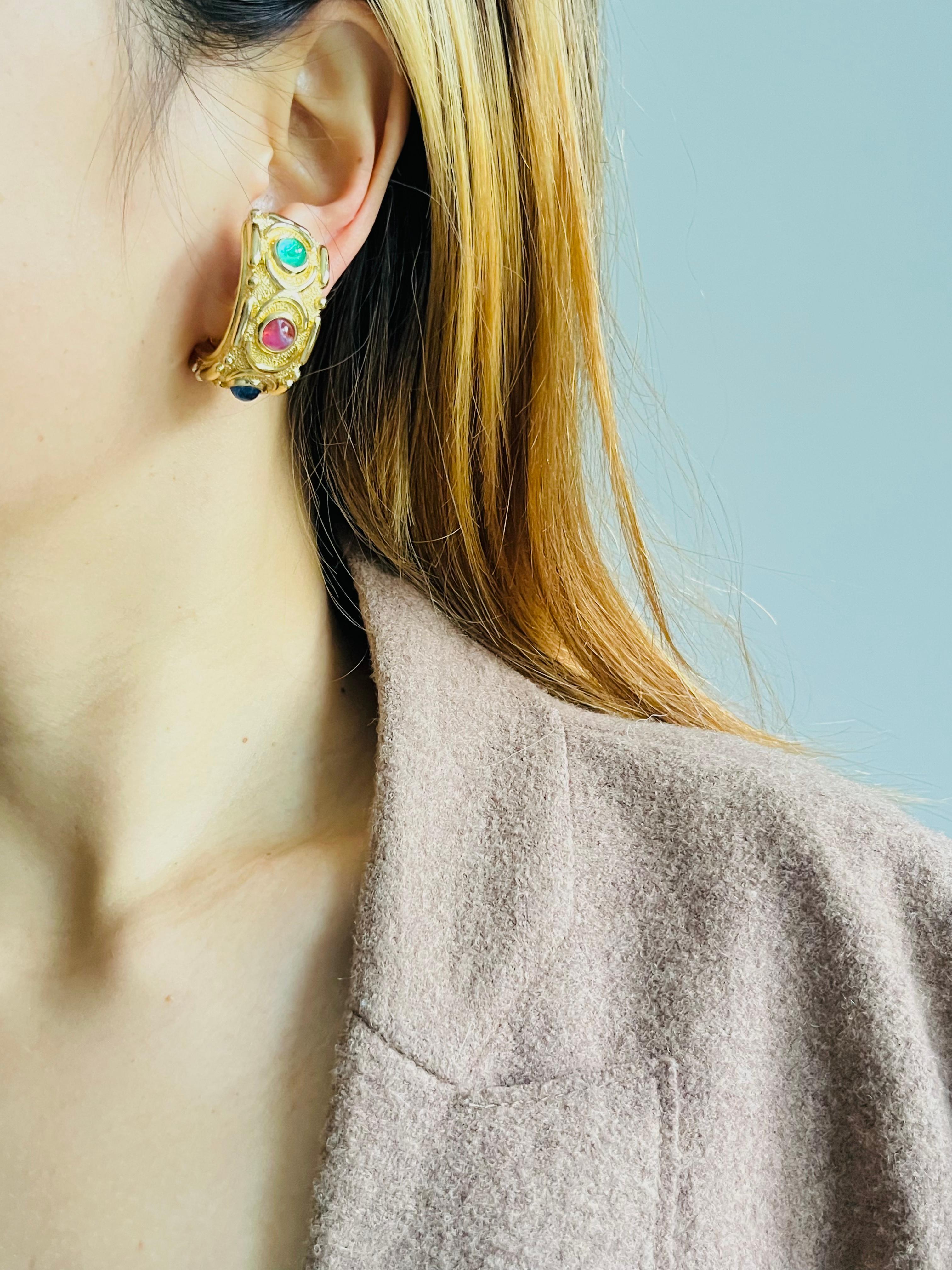 Christian Dior Vintage Large Gripoix Emerald Ruby Sapphire Hoop Domed Earrings For Sale 2