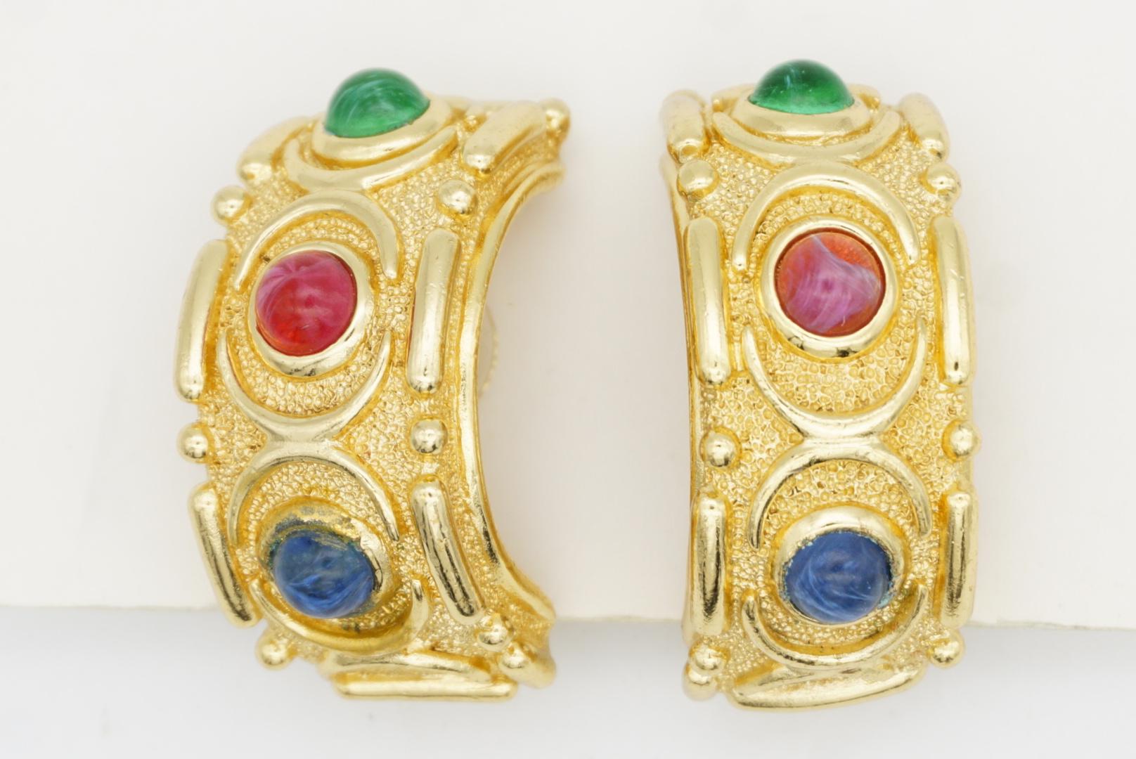 Christian Dior Vintage Large Gripoix Emerald Ruby Sapphire Hoop Domed Earrings For Sale 3