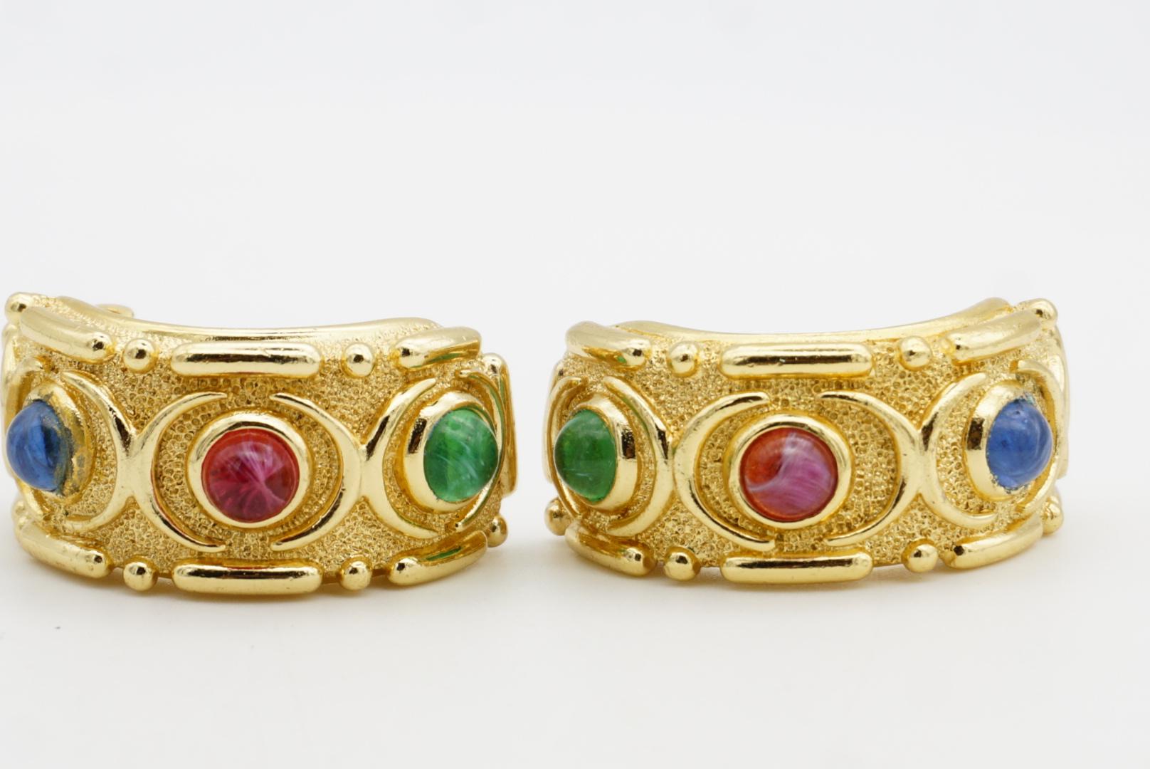 Christian Dior Vintage Large Gripoix Emerald Ruby Sapphire Hoop Domed Earrings For Sale 4