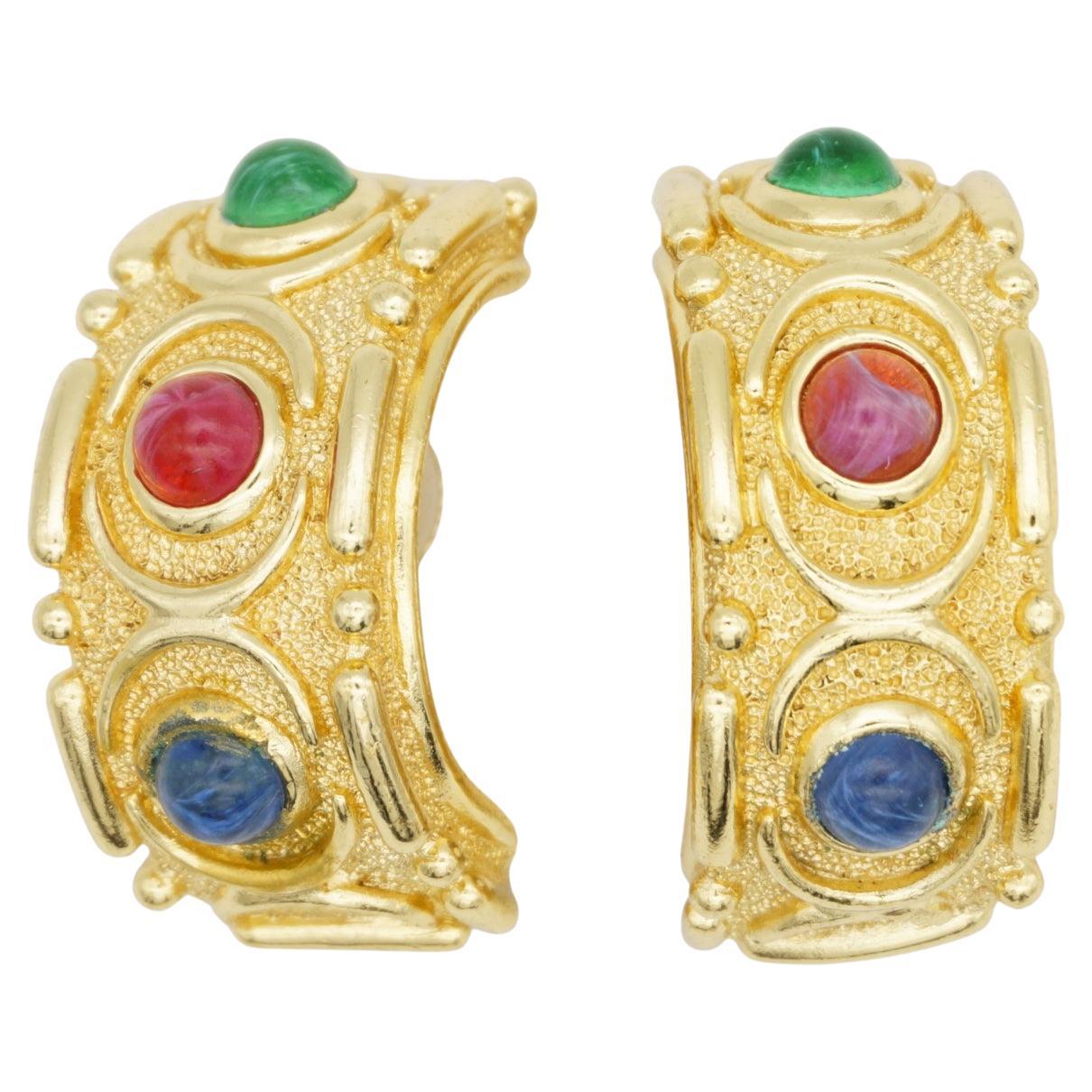 Christian Dior Vintage Large Gripoix Smaragd Rubin Saphir Hoop Domed Ohrringe