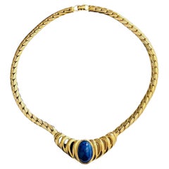 Christian Dior Vintage Large Iconic Rare Oval Lapis Blue Cabochon Gold Necklace