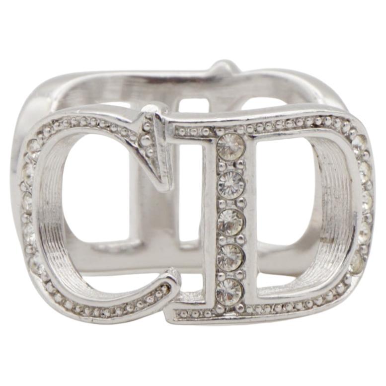 Christian Dior Vintage Large Logo CD Crystals Double Side Cocktail Ring, US 6