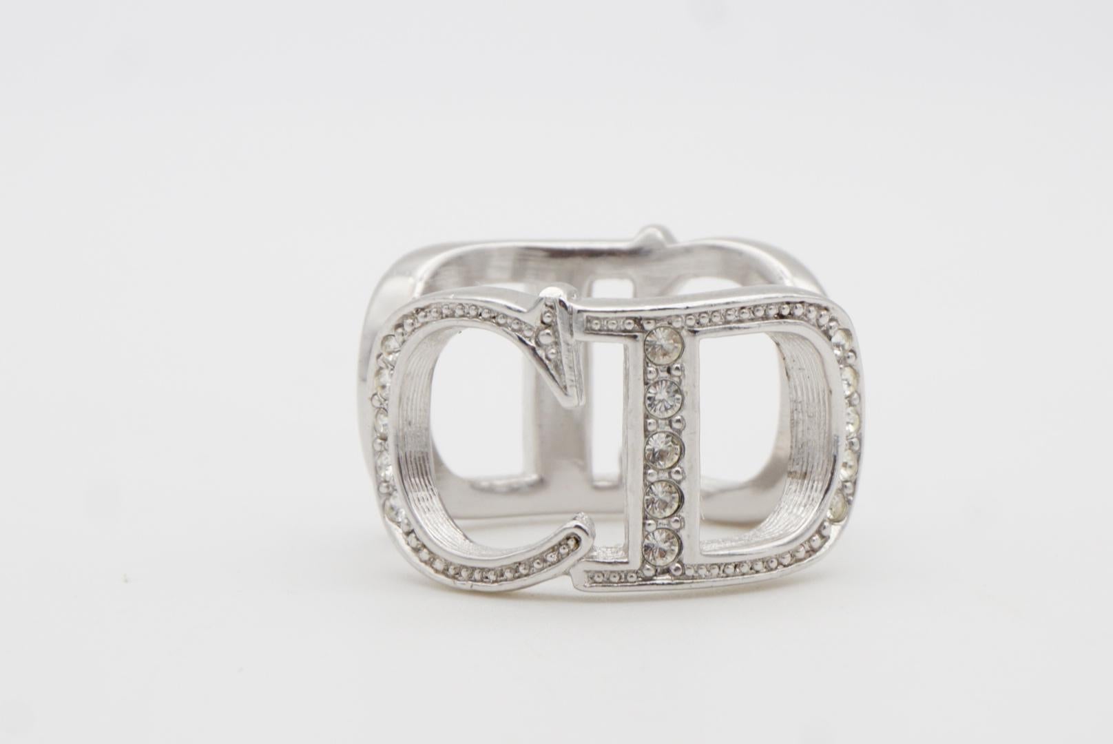 Christian Dior Vintage Large Logo CD Double Side Crystals Cocktail Ring, US 6 7