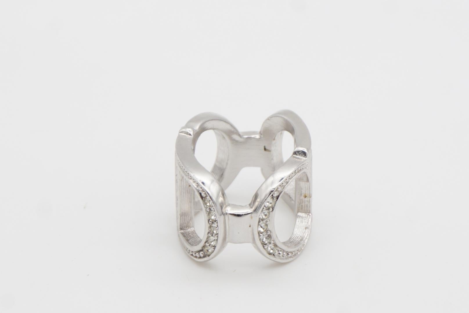 Christian Dior Vintage Large Logo CD Double Side Crystals Cocktail Ring, US 6 8