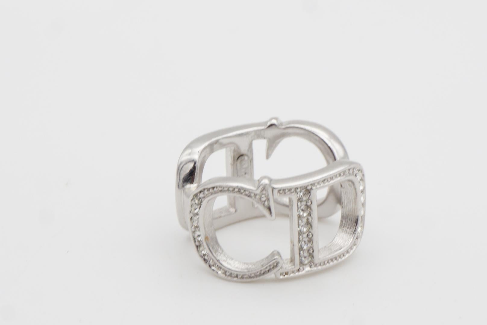 Christian Dior Vintage Large Logo CD Double Side Crystals Cocktail Ring, US 6 9
