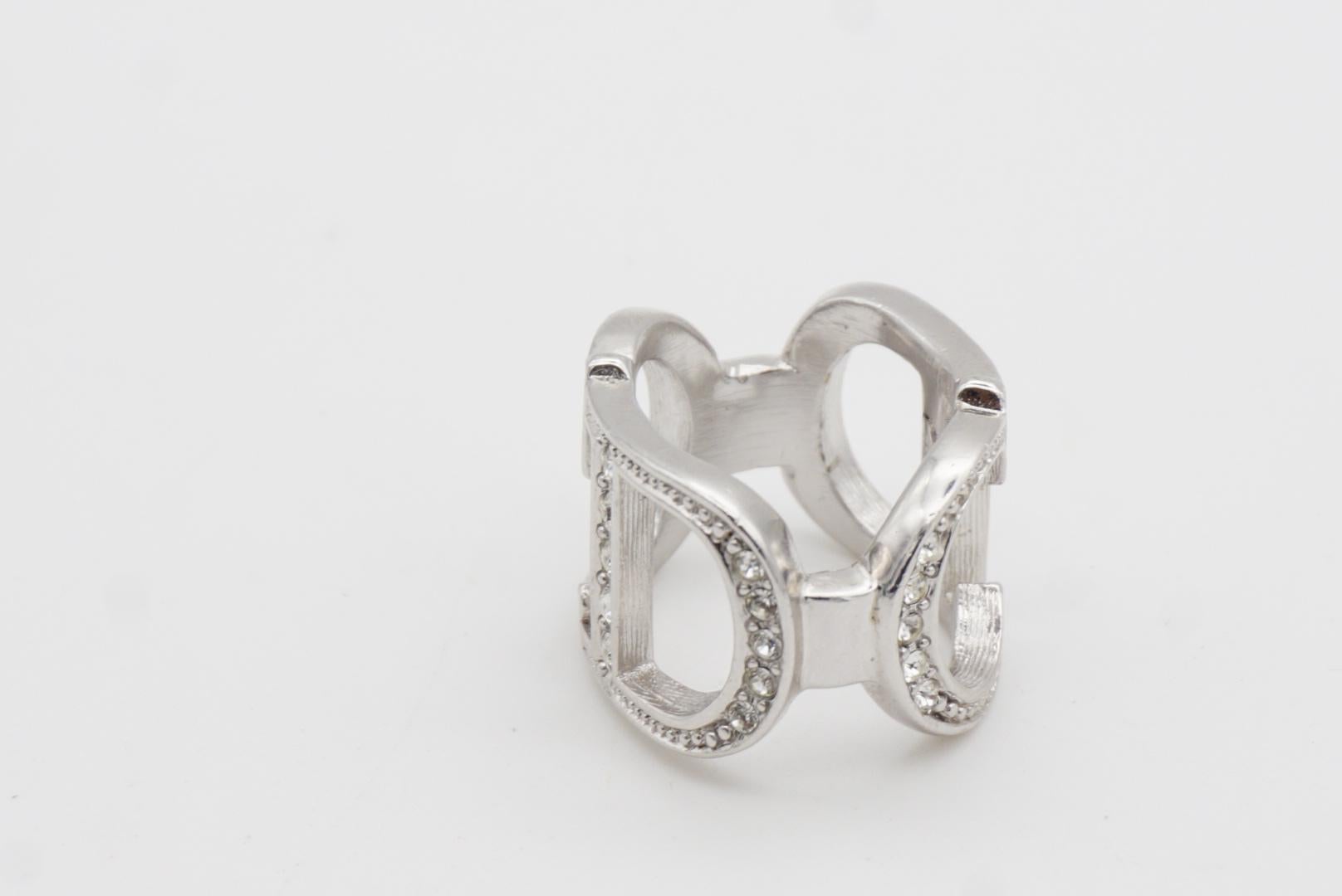 Christian Dior Vintage Large Logo CD Double Side Crystals Cocktail Ring, US 6 10