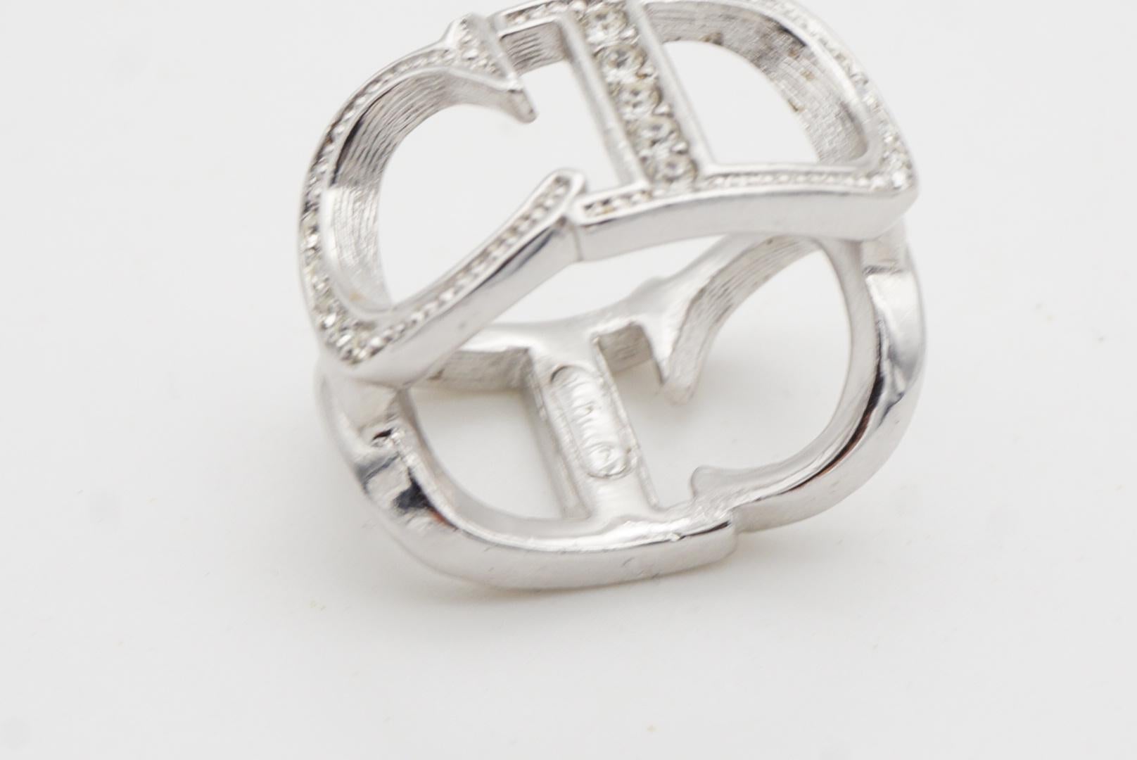 Christian Dior Vintage Large Logo CD Double Side Crystals Cocktail Ring, US 6 12