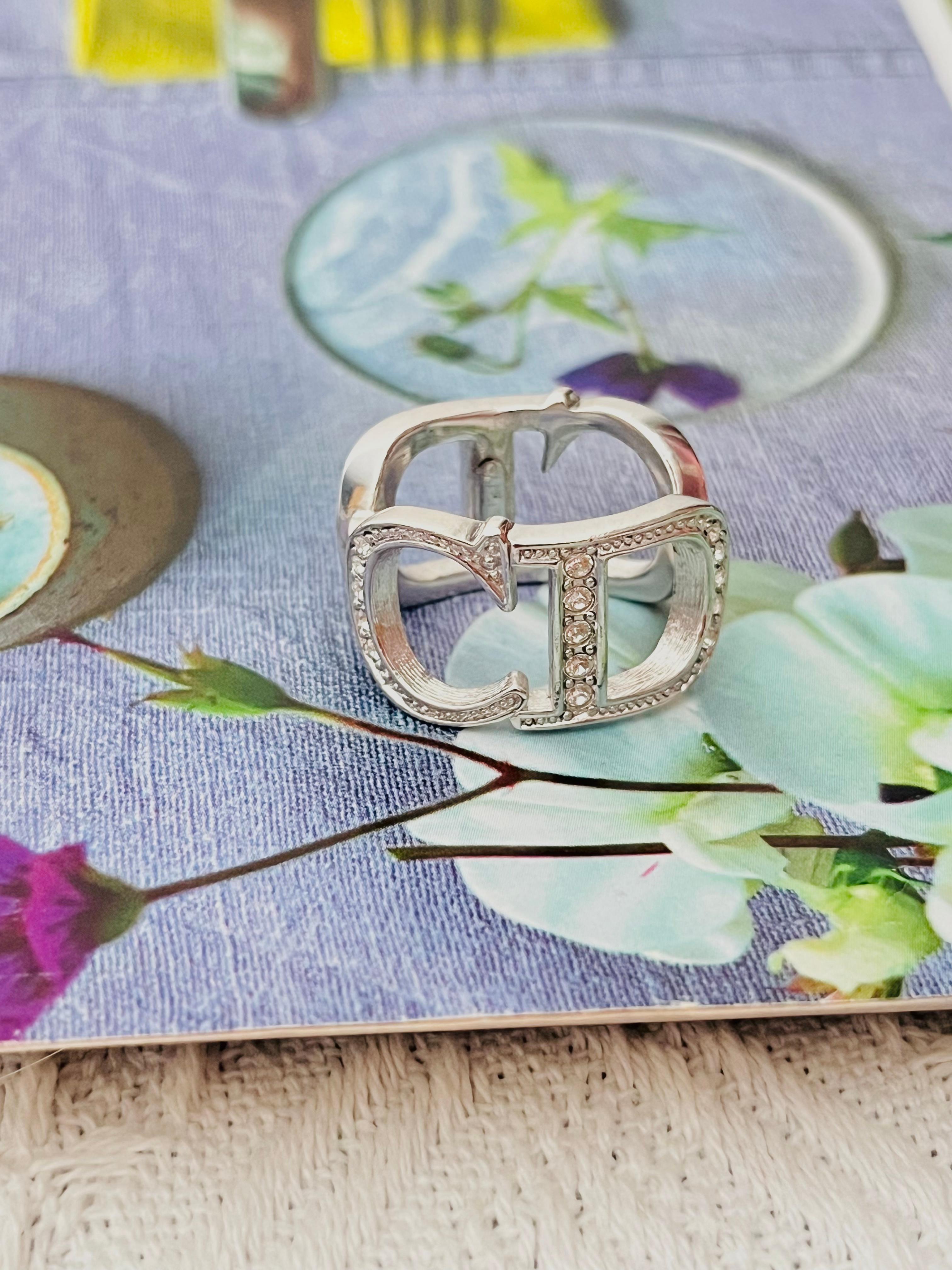 Art Deco Christian Dior Vintage Large Logo CD Double Side Crystals Cocktail Ring, US 6
