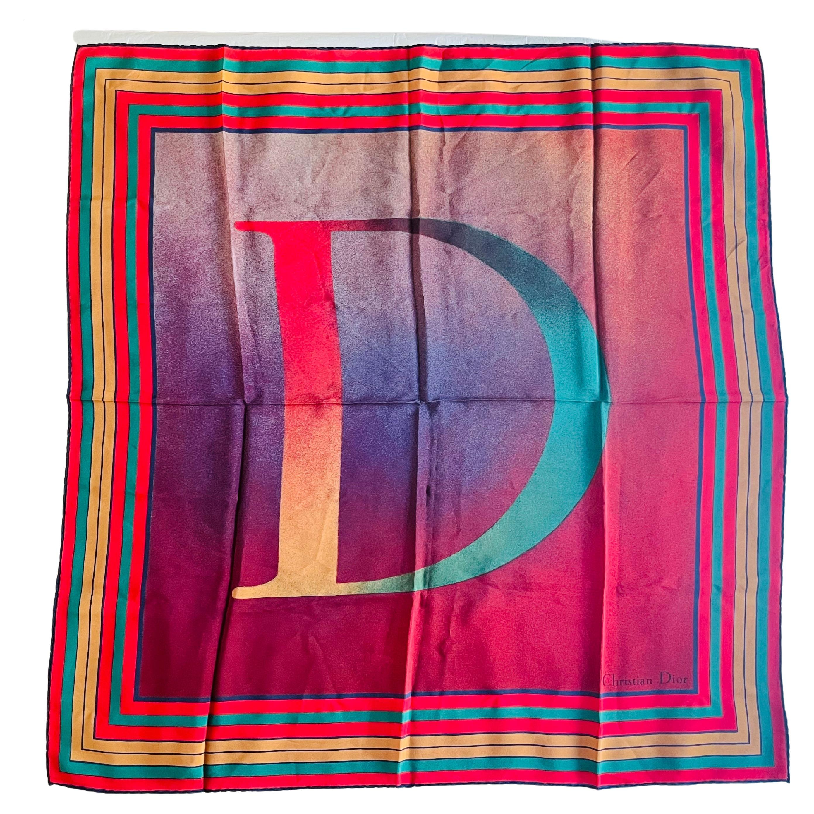 Christian Dior Vintage Large Logo D Airbrush Red Gradient Square Silk Scarf For Sale