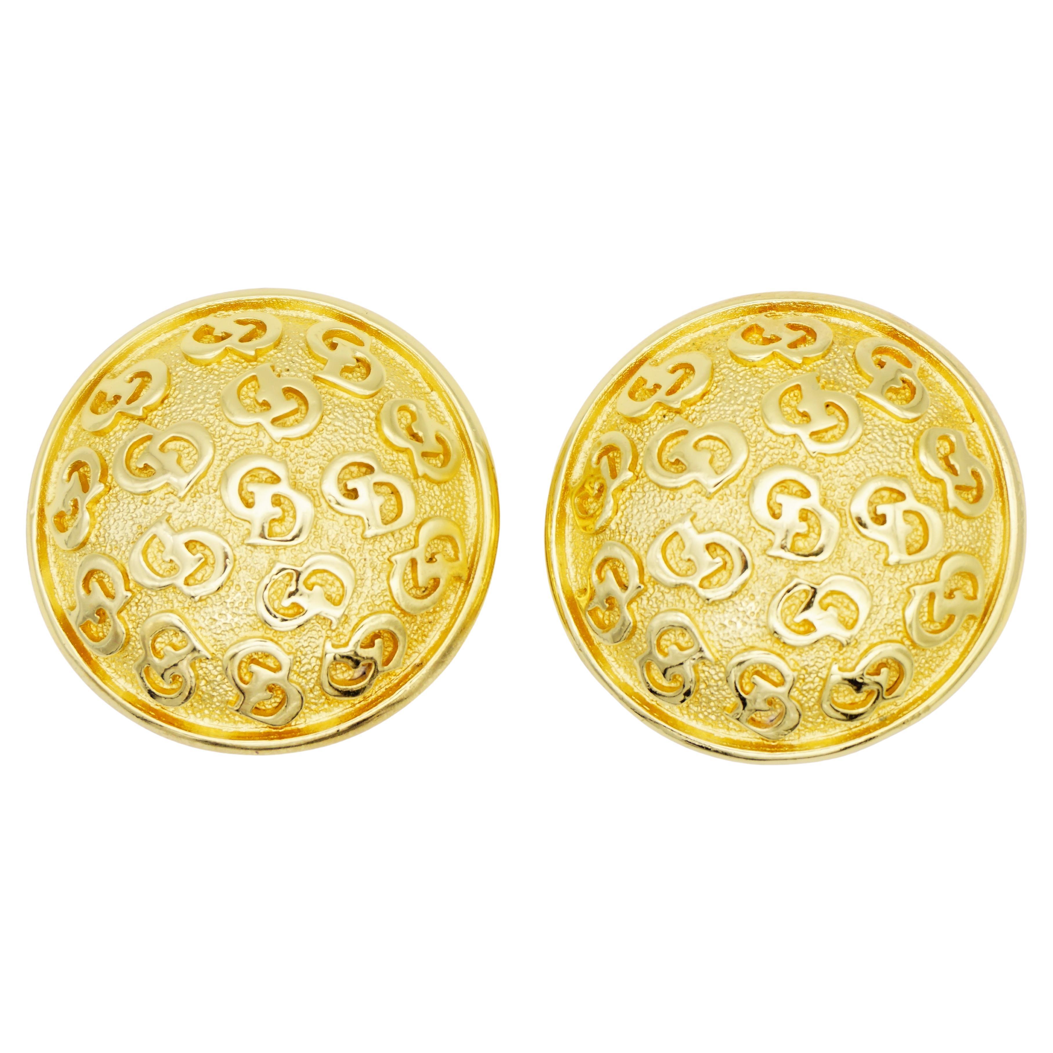 Christian Dior Vintage Large Monogram Whole Logo CD Circle Round Domed Earrings