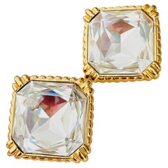 Christian Dior Vintage Large Octagon Crystals Square Gold Statement Earrings
