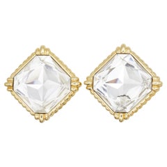 Christian Dior Vintage Large Octagon Sparkling Crystal Square Chunky Earrings