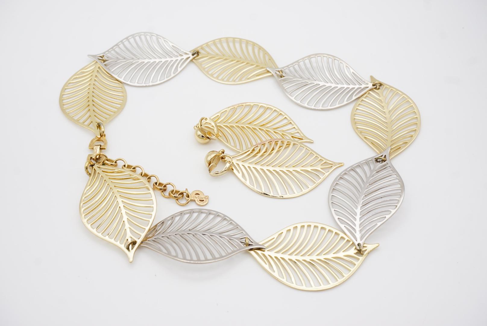 Christian Dior Vintage Large Openwork Gold Silver Leaf Necklace Earrings Set For Sale 9