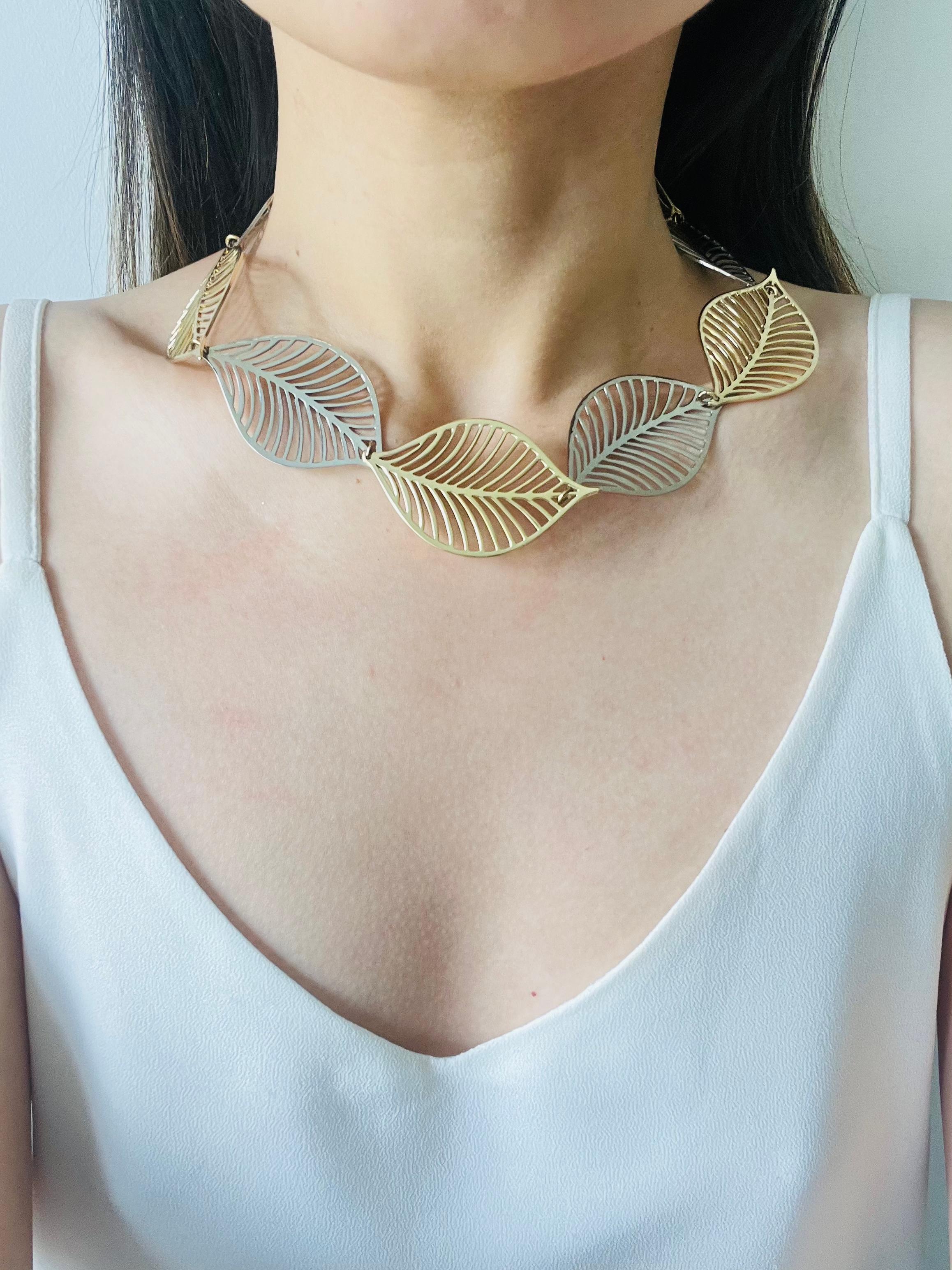 Christian Dior Vintage Large Openwork Gold Silver Leaf Necklace Earrings Set For Sale 4